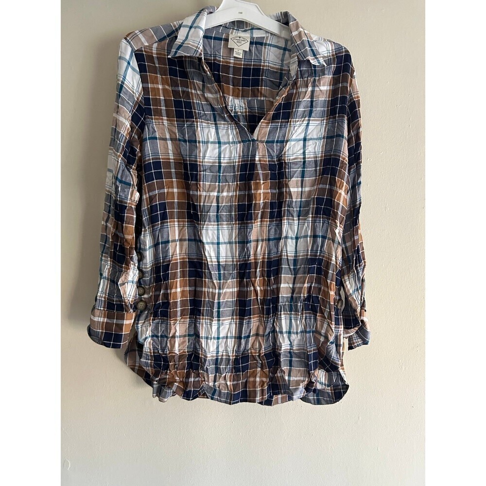 St. John’s Bay Womens Shirt Multicolor Plaid Long Sleeve Tunic Pullover Rayon L